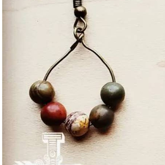 Picasso Jasper Beaded Small Dangle Drop Hoop Earring - Picture 2 of 2